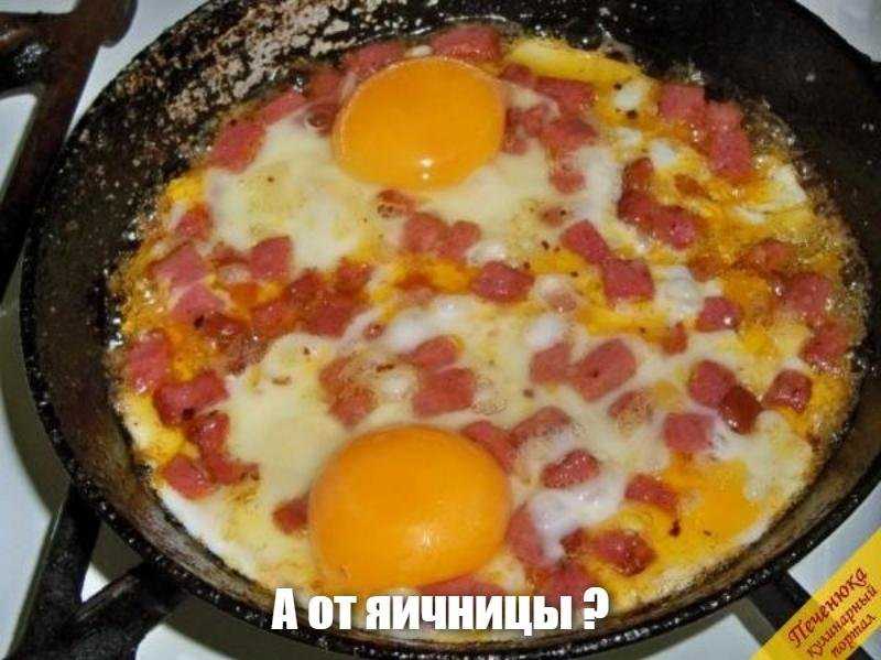 Яичница глазунья с колбасой, сыром и зеленью, простой пошаговый рецепт с фото